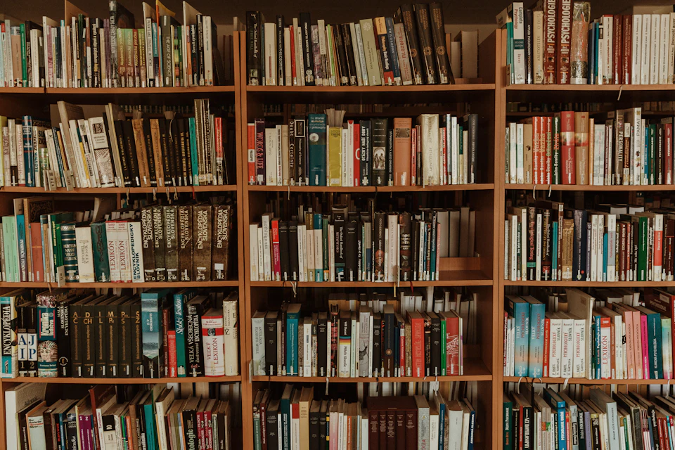 Brown wooden book shelf with books